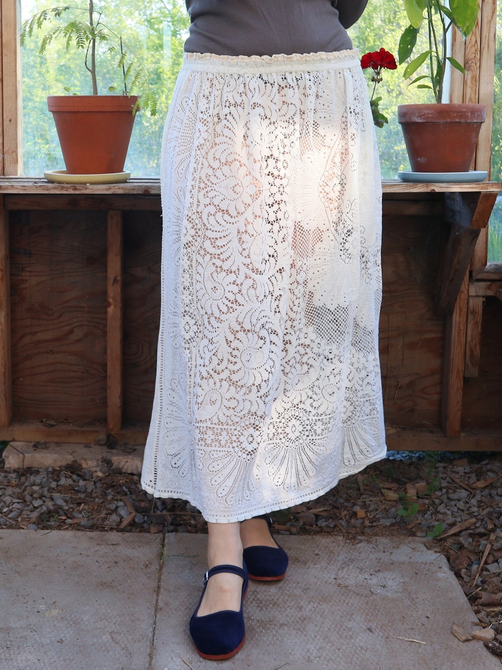Upcycled Vintage Lace Maxi Skirt Cotton Sheer Floral - Picture 3 of 8